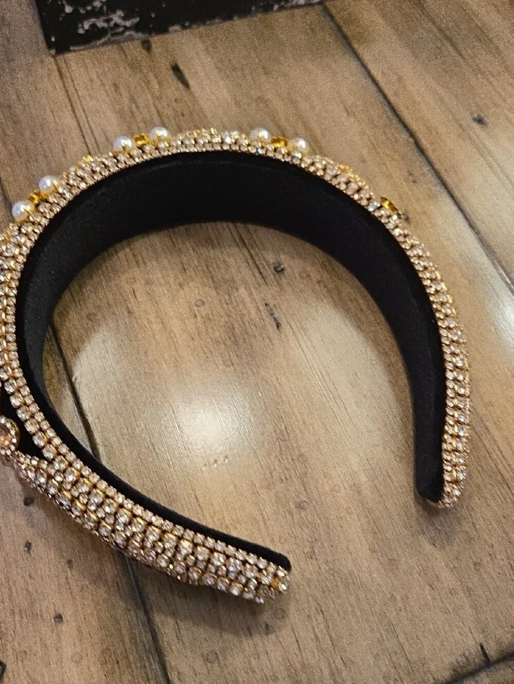 Gold Crown Crystal & Pearl Embellished Blk Velvet Headband fr: Lux Boutique